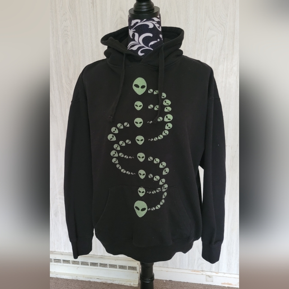 Men's Size L Black Alien DNA Drawstring Hooded Hoodie Sweatshirt